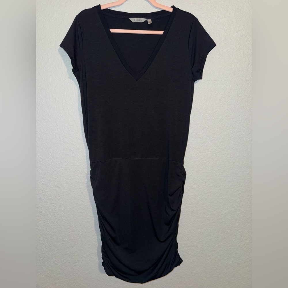 Athleta Black Dress with V-Neck and scrunched bottom. Size Medium. Unique look 👀